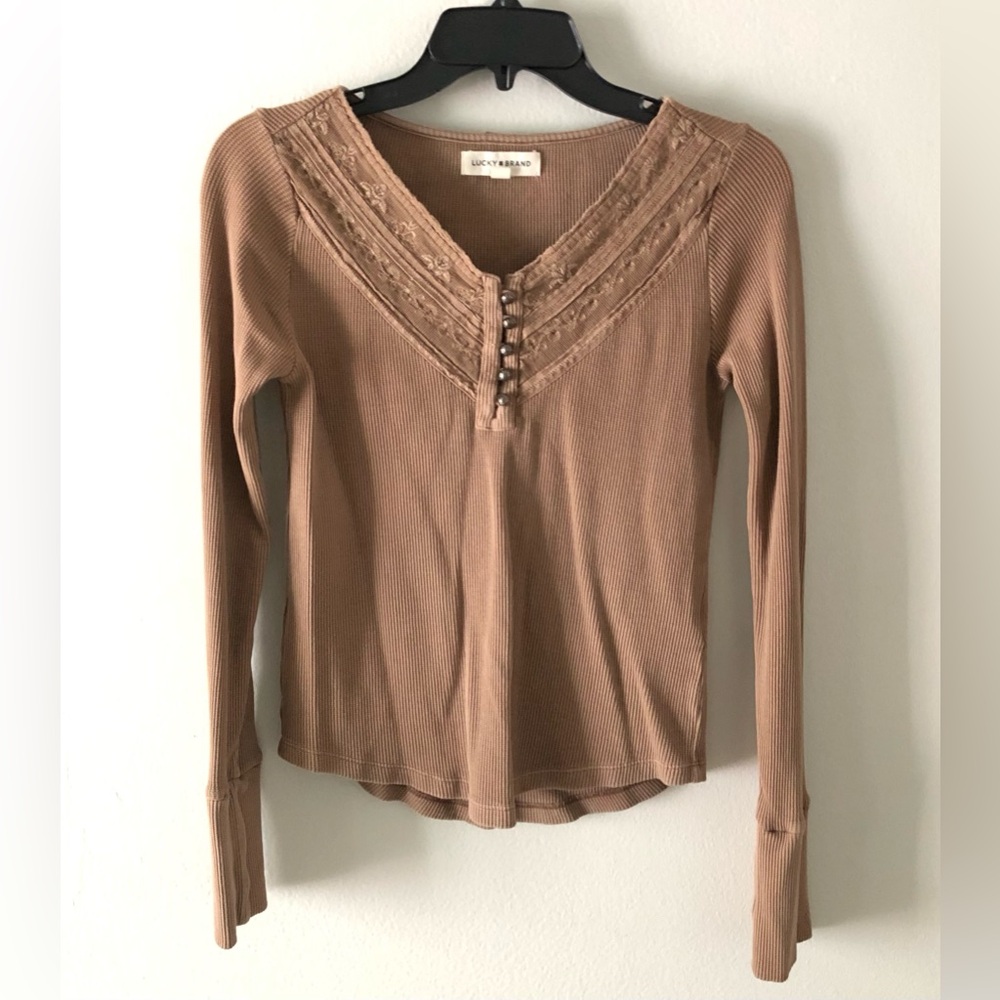Lucky Brand Long Sleeve Lace-Trim Henley Top Brown Waffle Fall Layering